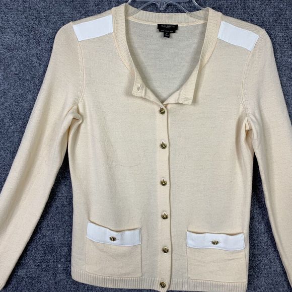 Talbots Cardigan Merino Wool Women Petite S Pale Yellow Pockets Gold Buttons - Picture 4 of 12